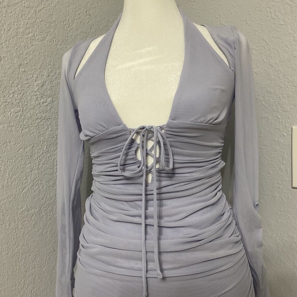 Y2K Style Whimsigoth Fairy Long Sleeve Ruched Mini Dress Purple Oh Polly Size 2 - Picture 2 of 8